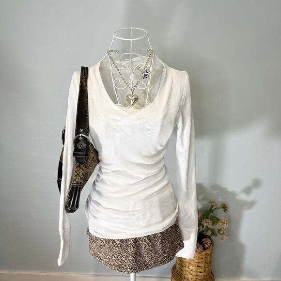 NWT Cute vintage y2k white tight long sleeve Henley grunge v neck top - Picture 1 of 8